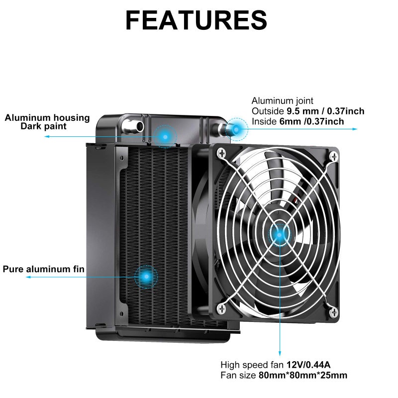 Clyxgs Water Cooling Radiator, 8 Pipe Aluminum Heat Exchanger Radiator with Fan for PC CPU Computer Water Cool System DC12V 80mm Black - Image 3